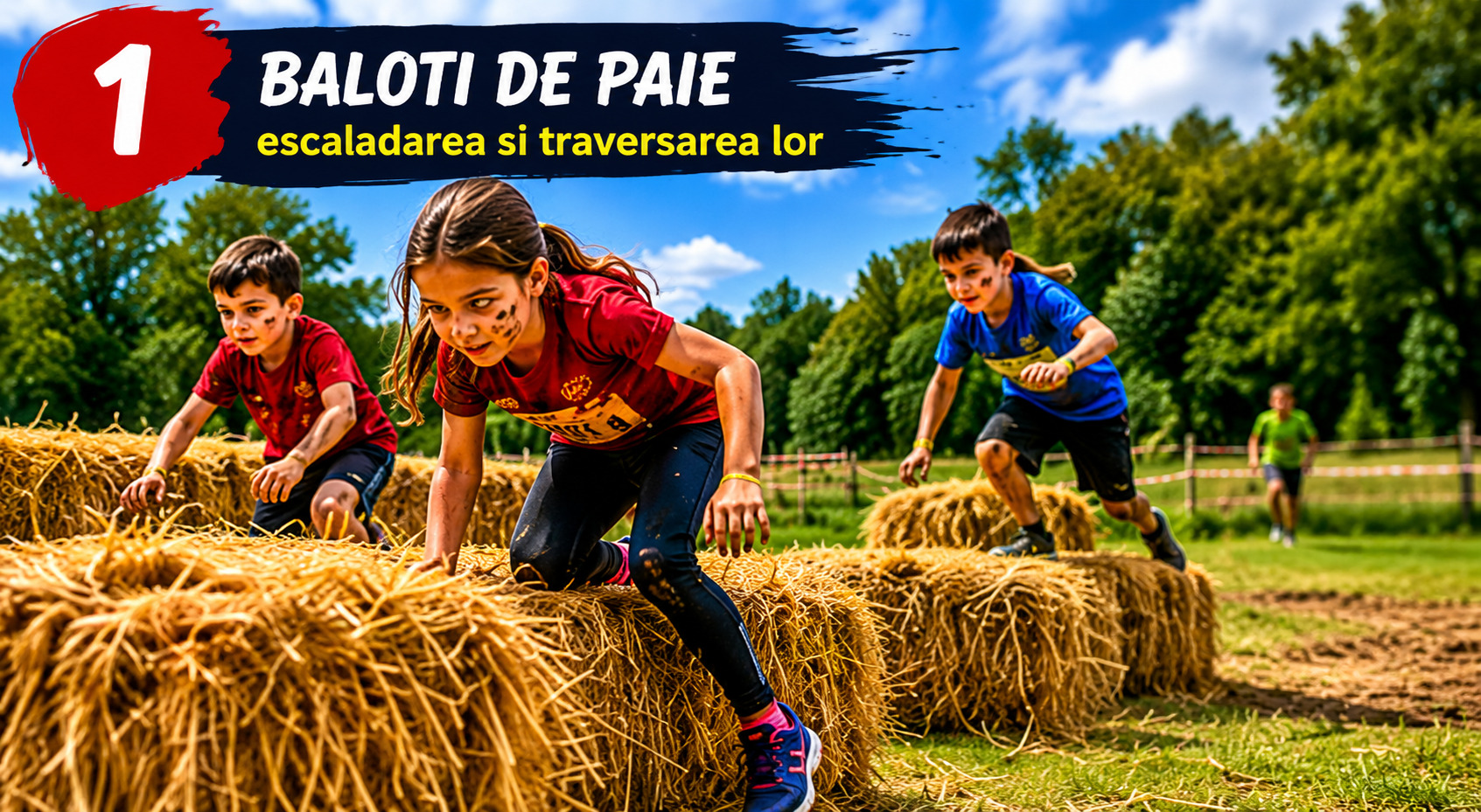 Obstacol 1 — Baloți de paie: escaladarea și traversarea lor