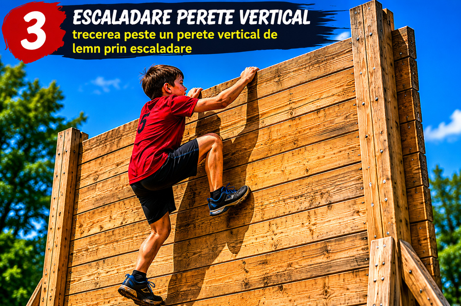 Obstacol 3 — Escaladare perete vertical: trecerea peste un perete vertical de lemn