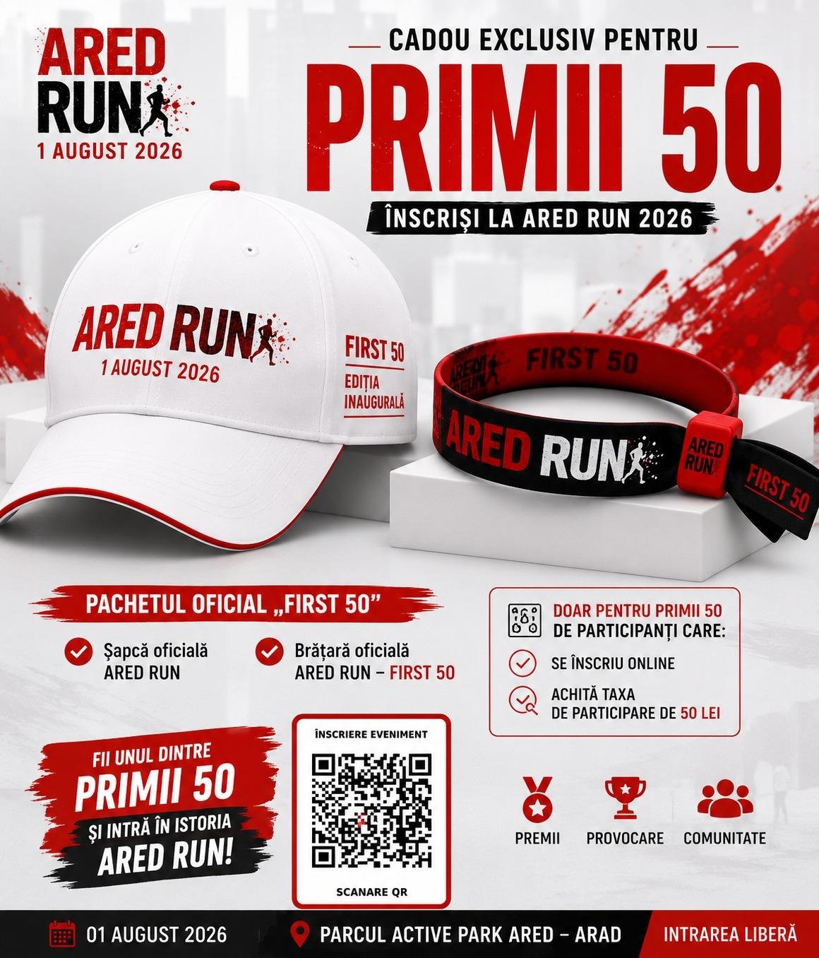 Pachetul oficial First 50 — șapcă și brățară ARED RUN, cadou exclusiv pentru primii 50 de participanți înscriși