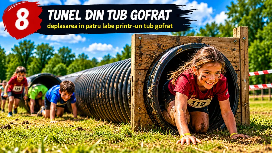 Obstacolul 8 — Tuneluri: mers în patru labe prin două tuneluri